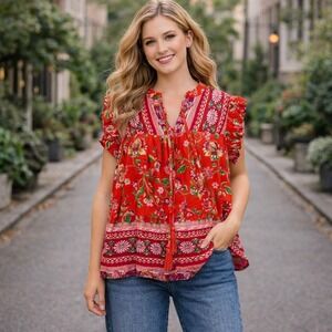 Fate Red Multi Floral Boho Tassel Tie Neck Ruffle Flutter Sleeve Top